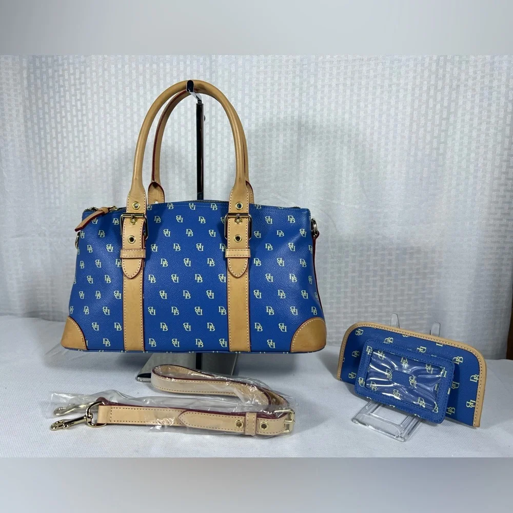 4222: Dooney & Bourke Blue DB Monogram 3 Pc Satchel Wallet Glasses Case Set